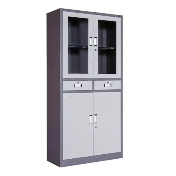 Modern Steel Storage Cabinet with Glass Doors and Drawers - Image 4