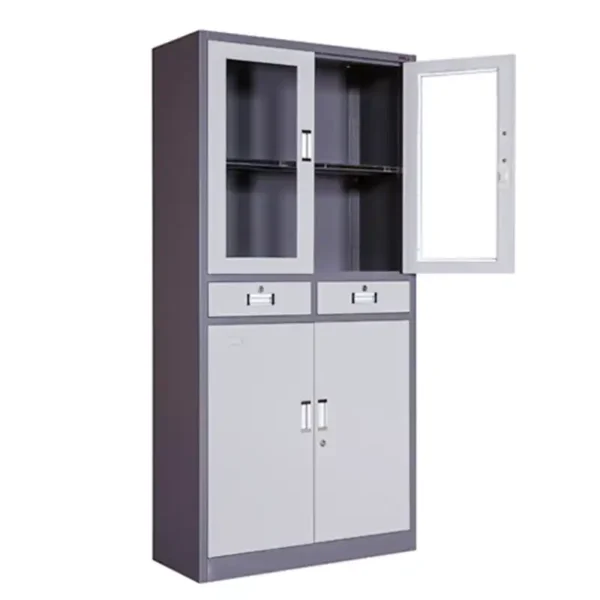 Modern Steel Storage Cabinet with Glass Doors and Drawers - Image 3