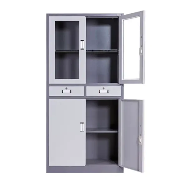 Modern Steel Storage Cabinet with Glass Doors and Drawers - Image 2