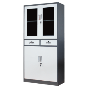 Modern Steel Storage Cabinet with Glass Doors and Drawers