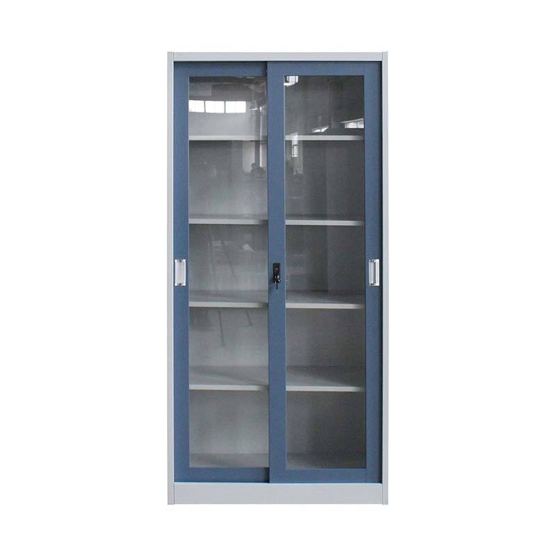 Steel Sliding Glass Door Cabinet – Modern Metal Office Storage Solution Blue