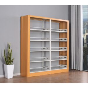 steel bookshelf with wooden frame