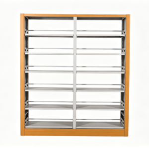 steel bookshelf with wooden frame
